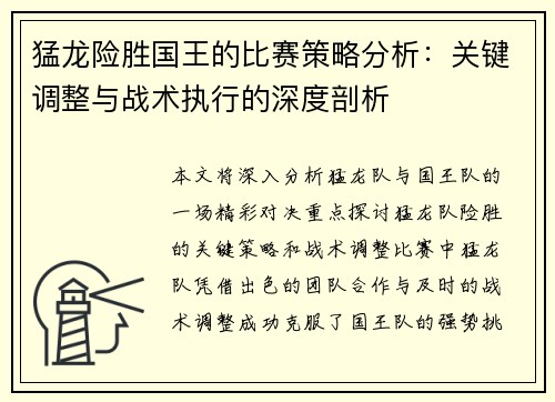猛龙险胜国王的比赛策略分析：关键调整与战术执行的深度剖析