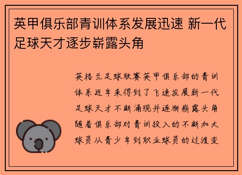英甲俱乐部青训体系发展迅速 新一代足球天才逐步崭露头角