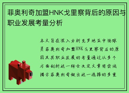 菲奥利奇加盟HNK戈里察背后的原因与职业发展考量分析